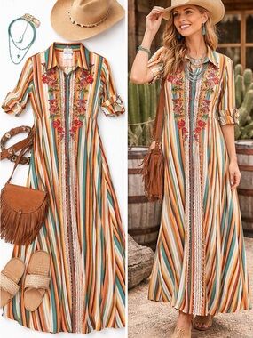 Savannah Jane Western Maxi Dress NWT Embroidered Striped Boho Cowgirl Duster
